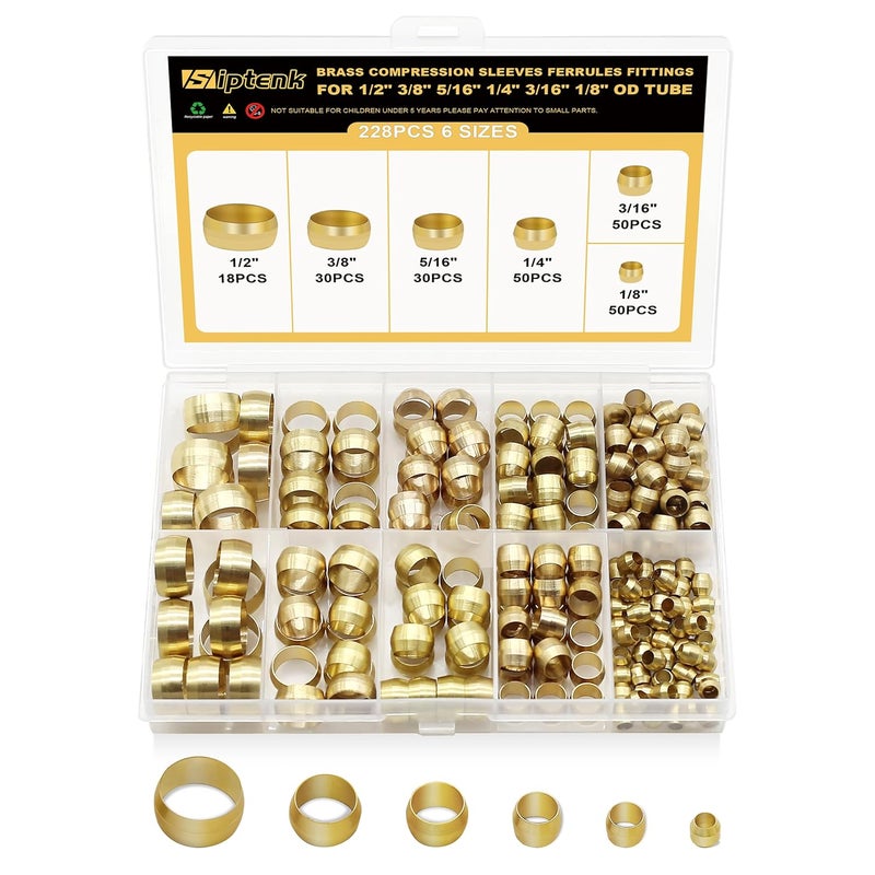 Siptenk 228 قطعة من أكمام الضغط النحاسية للأنابيب OD 1/2" 3/8" 5/16" 1/4" 3/16" 1/8"، مجموعة أكمام الضغط النحاسية لخطوط الفرامل الهوائية DOT بأحجام 6 - Image 1